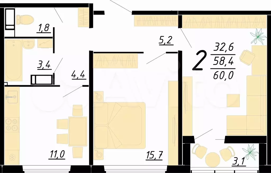 2-к. квартира, 60 м, 7/21 эт. - Фото 0