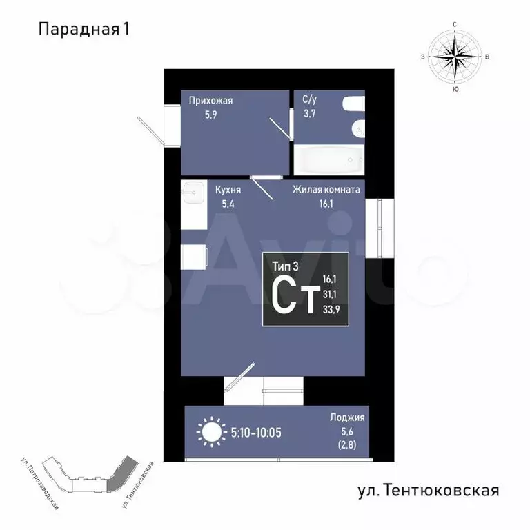 Квартира-студия, 33,9 м, 4/11 эт. - Фото 0