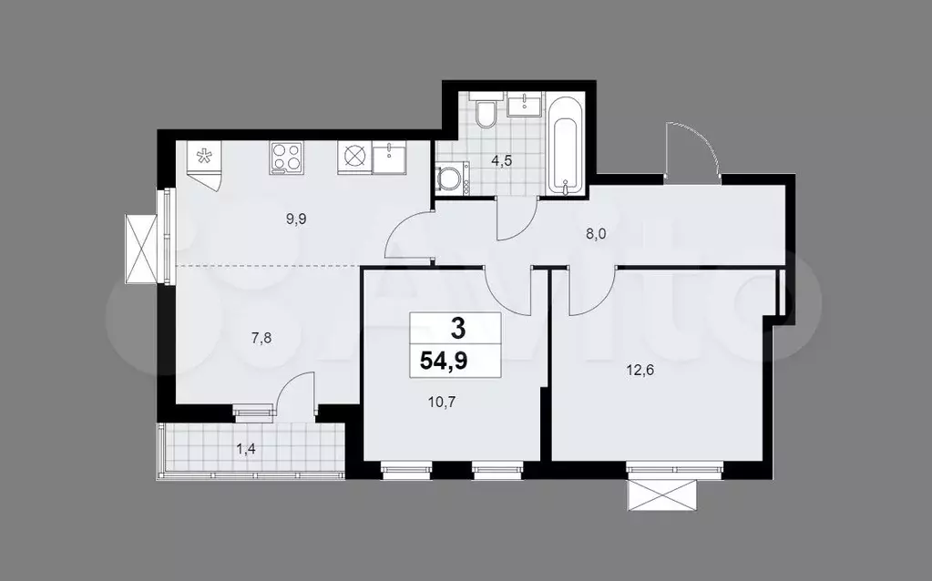 3-к. квартира, 54,9м, 8/9эт. - Фото 1