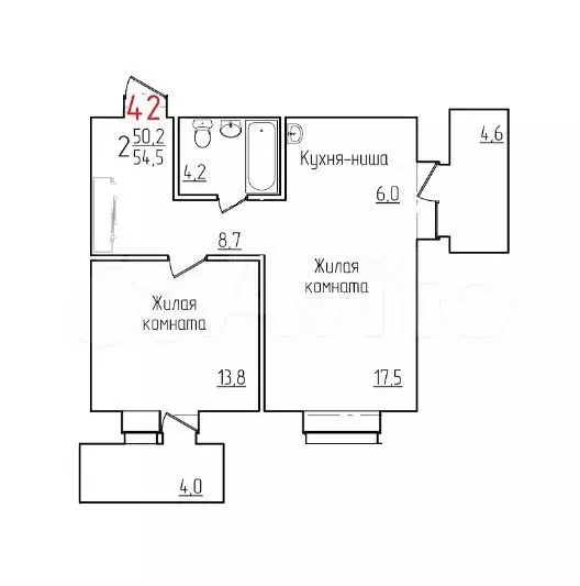 2-к. квартира, 54,5 м, 6/12 эт. - Фото 0
