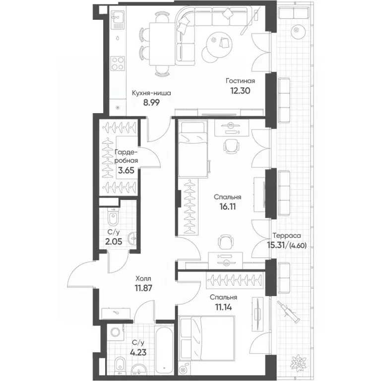 3-к кв. Татарстан, Казань Квартал Сюита жилой комплекс (74.94 м) - Фото 1