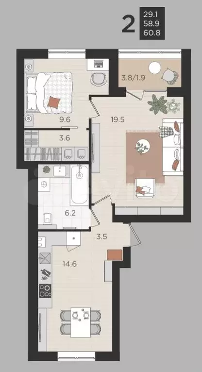 2-к. квартира, 59 м, 2/4 эт. - Фото 1