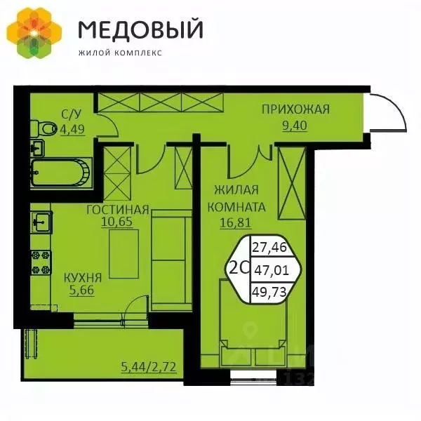 2-к кв. Пермский край, д. Кондратово ул. Н.М. Яблокова, 2 (49.73 м) - Фото 0