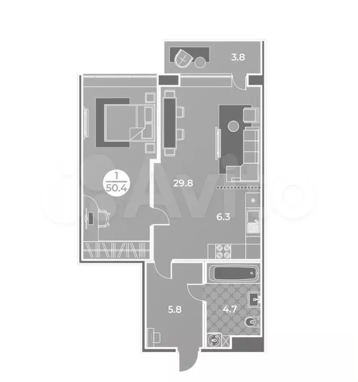 2-к. квартира, 50,4 м, 7/9 эт. - Фото 0