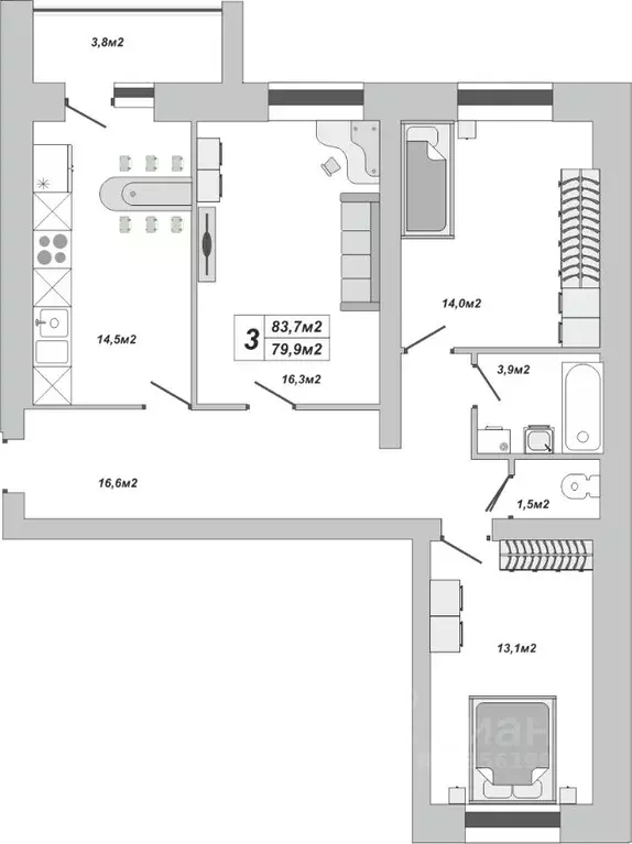 3-к кв. Тамбовская область, Тамбов ул. Чичерина, 7/1к3 (83.7 м) - Фото 0