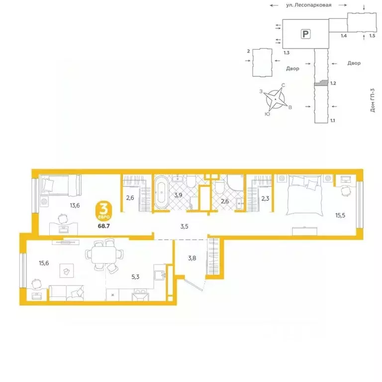 3-к кв. Тюменская область, Тюмень ул. Лесопарковая, 22 (68.7 м) - Фото 0