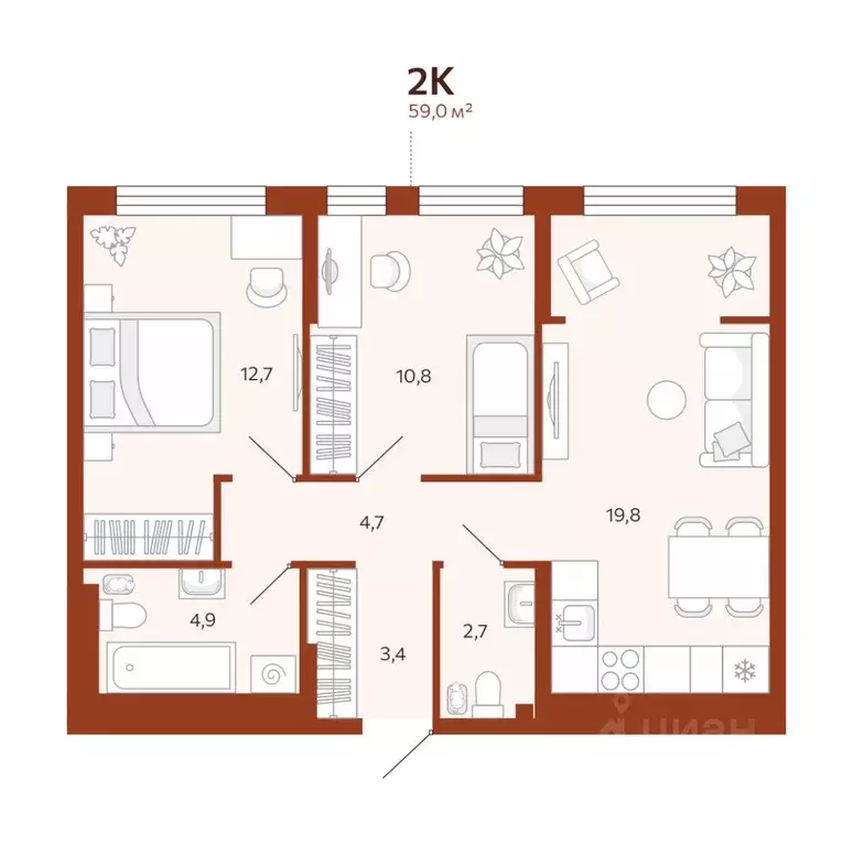 2-к кв. Тюменская область, Тюмень ул. Новаторов, 30 (59.0 м) - Фото 1