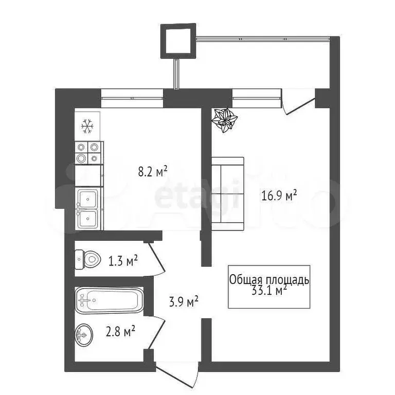 1-к. квартира, 33,1 м, 1/8 эт. - Фото 0