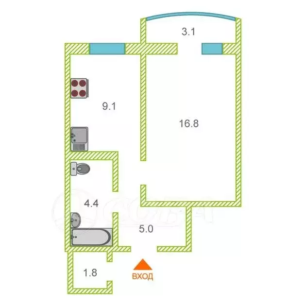 1-комнатная квартира: Тюмень, улица Героев Космоса, 19 (35.3 м) - Фото 1