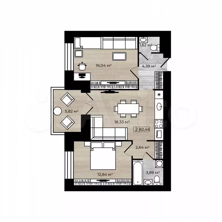 2-к. квартира, 62,5 м, 9/9 эт. - Фото 0