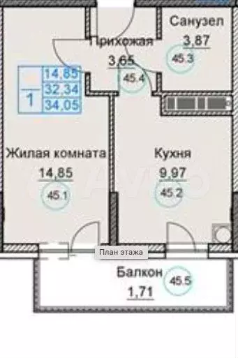 1-к. квартира, 32,3 м, 3/8 эт. - Фото 1