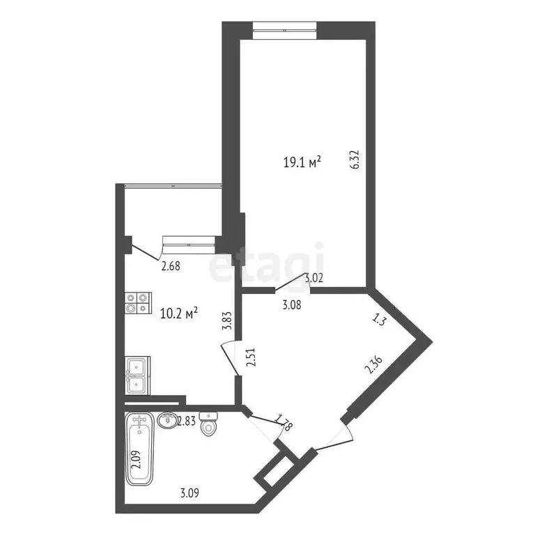 Квартира, 1 комната, 45.4 м - Фото 0