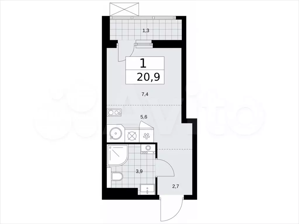 Квартира-студия, 20,9м, 14/17эт. - Фото 1