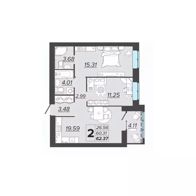 2-к кв. Брянская область, Брянск Архитектор жилой комплекс (62.37 м) - Фото 1