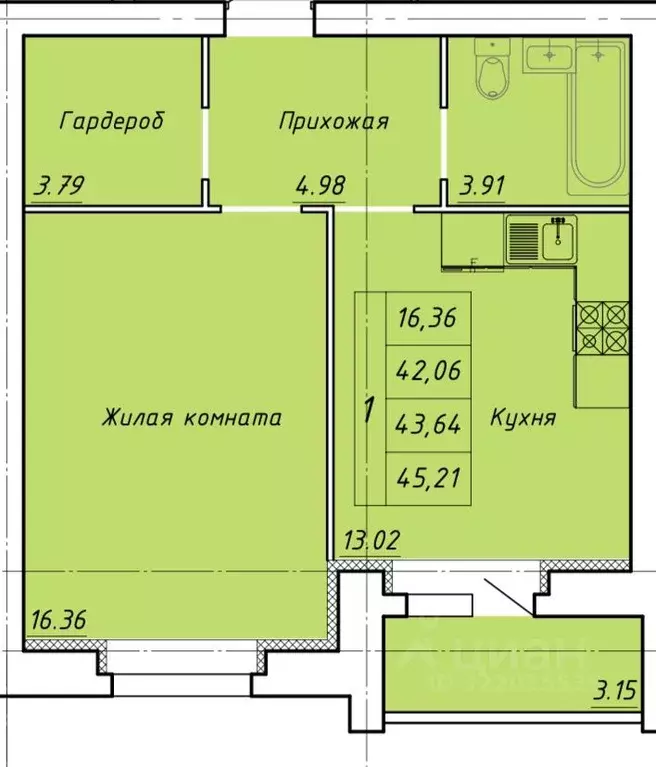 1-к кв. Тамбовская область, Тамбов ул. Гастелло, 109Б (45.21 м) - Фото 0