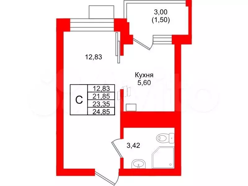 1-к. квартира, 23,4 м, 5/7 эт. - Фото 1
