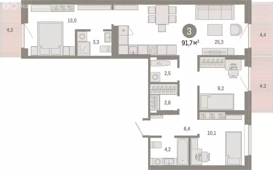 3-комнатная квартира: Омск, Кировский округ (91.73 м) - Фото 1