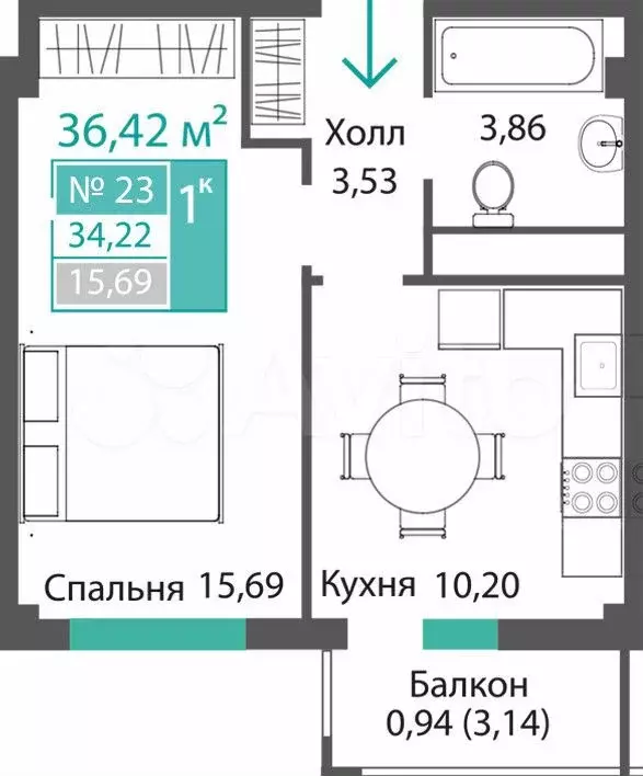 1-к. квартира, 34,2 м, 5/9 эт. - Фото 0