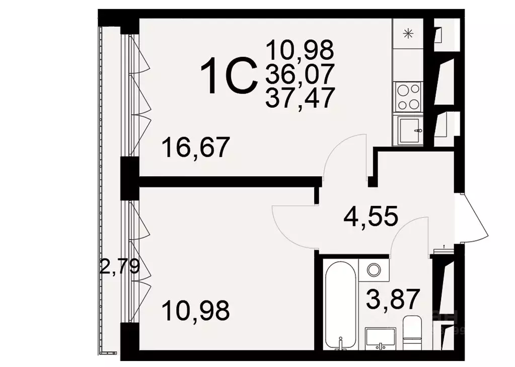 1-к кв. Тульская область, Тула Одоевское ш., 73Б (37.47 м) - Фото 1