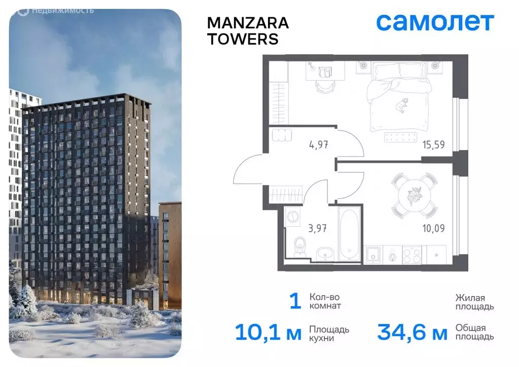 1-комнатная квартира: Казань, ЖК Манзара Тауэрс (37.62 м) - Фото 0