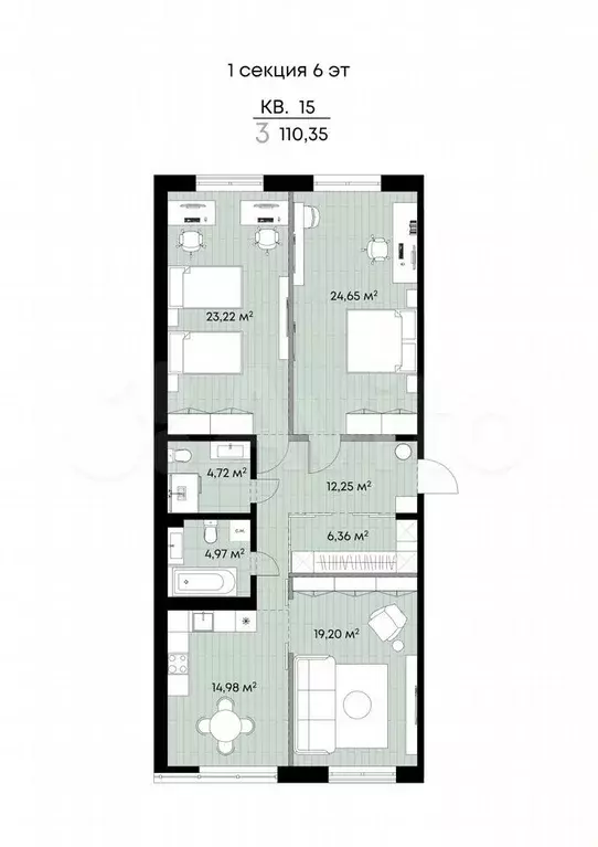 3-к. квартира, 110,4 м, 6/9 эт. - Фото 1