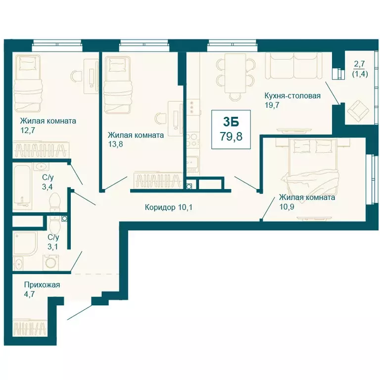 3-к квартира, 79.8 м - Фото 0