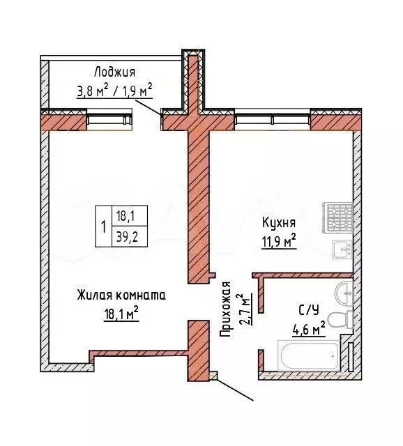 1-к. квартира, 39,2 м, 16/16 эт. - Фото 0