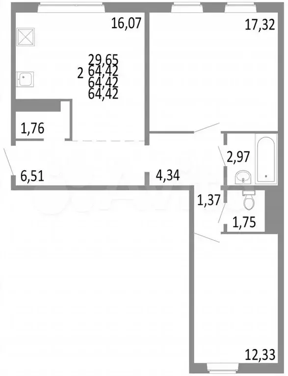 3-к. квартира, 64,4м, 2/10эт. - Фото 0