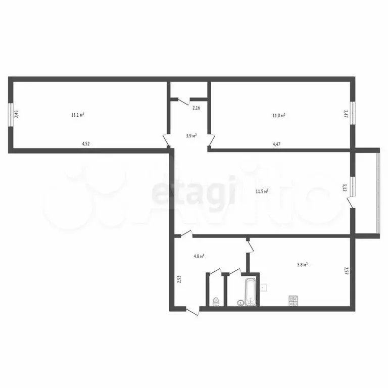 3-к. квартира, 58,6 м, 2/5 эт. - Фото 0