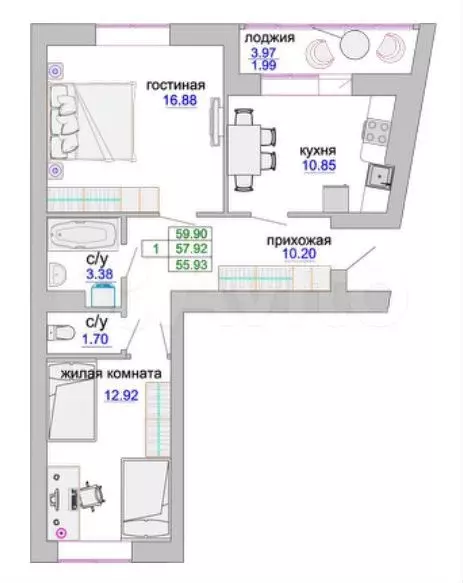 2-к. квартира, 59 м, 1/9 эт. - Фото 1