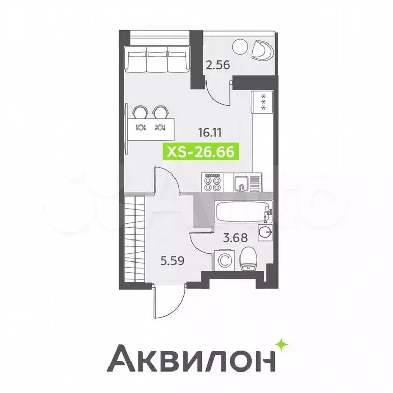 Квартира-студия, 26,7м, 11/13эт. - Фото 1