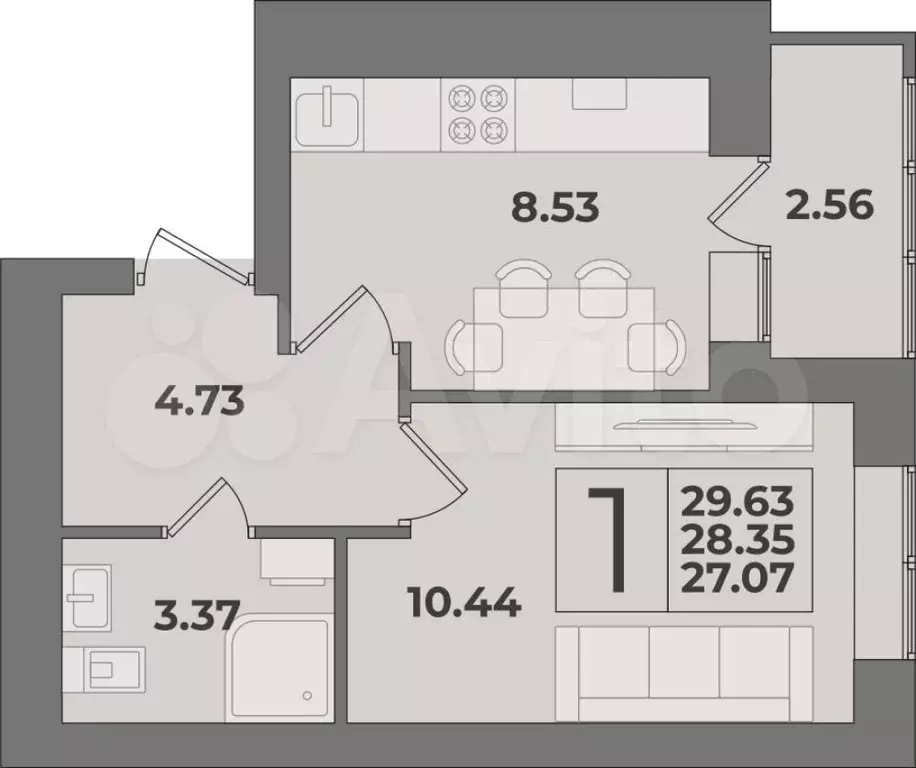 1-к. квартира, 29,6 м, 1/9 эт. - Фото 1