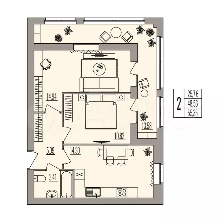 2-к. квартира, 55,4 м, 3/3 эт. - Фото 0