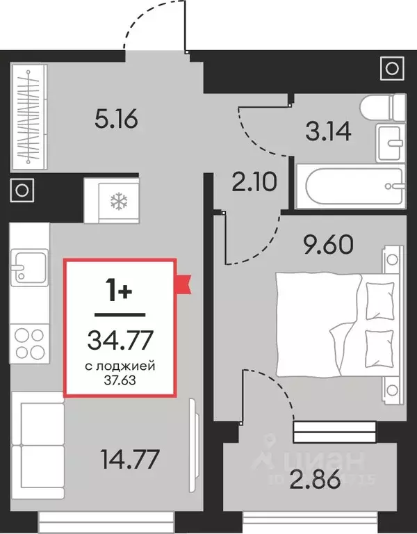 1-к кв. Ханты-Мансийский АО, Нефтеюганск ул. Нефтяников, 48А (34.77 м) - Фото 1