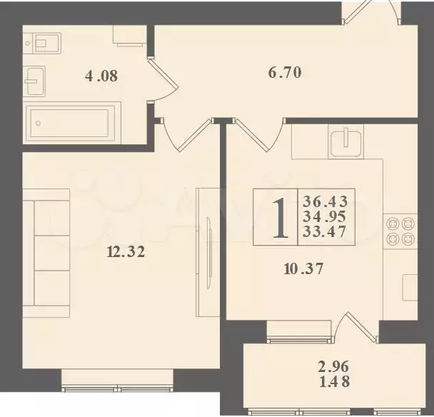 1-к. квартира, 36,4 м, 4/4 эт. - Фото 1