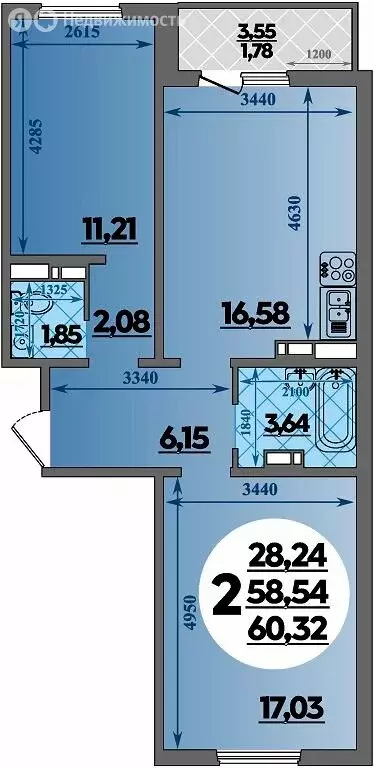 2-комнатная квартира: Крымск, микрорайон Надежда (60.32 м) - Фото 1