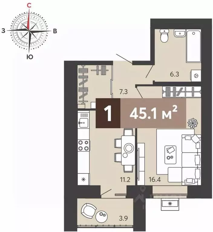 1-к кв. Пензенская область, Пенза ул. Щербакова, 69 (45.1 м) - Фото 1