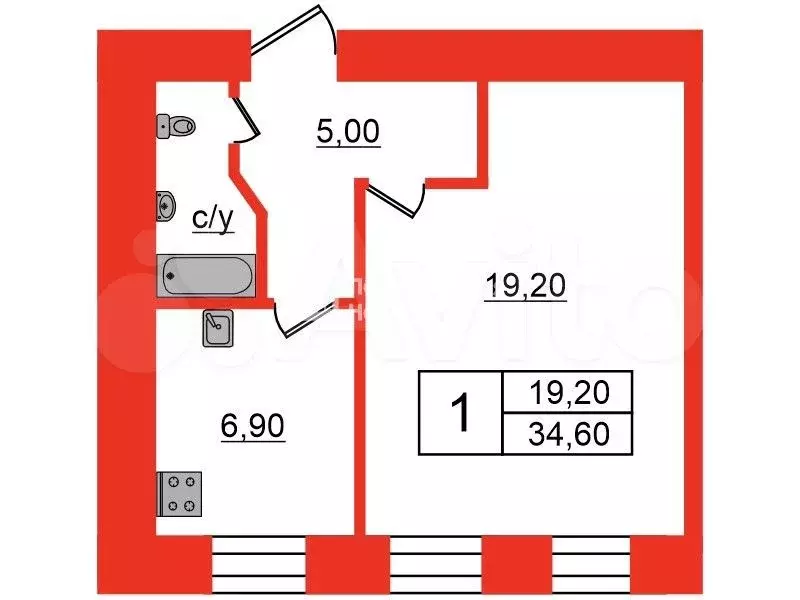 1-к. квартира, 34,6 м, 1/4 эт. - Фото 0