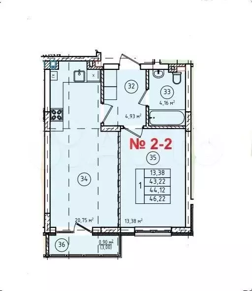1-к. квартира, 43,5 м, 2/8 эт. - Фото 1