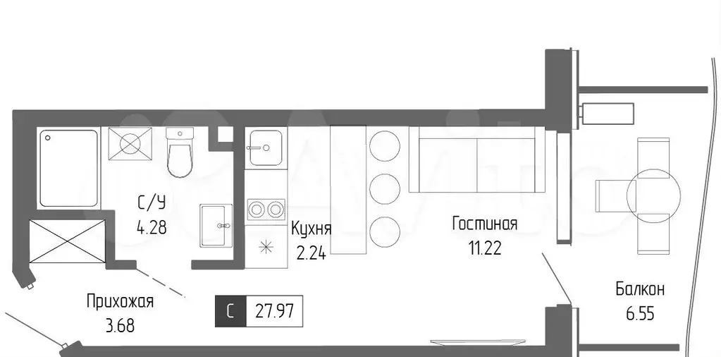 Апартаменты-студия, 28 м, 3/20 эт. - Фото 0