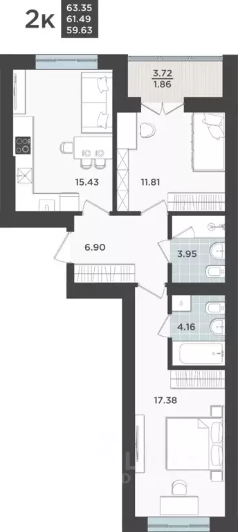 2-к кв. Калининградская область, Калининград Невский Парк жилой ... - Фото 1