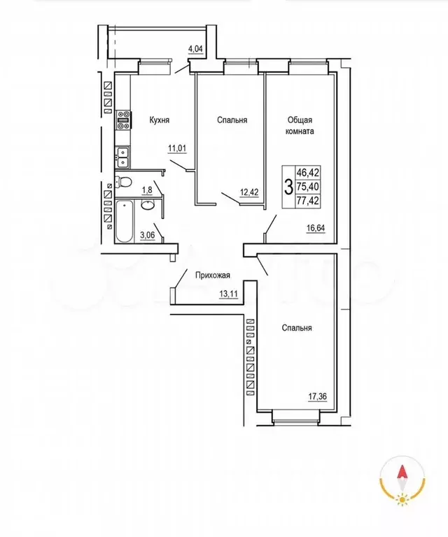 3-к. квартира, 79,4 м, 6/9 эт. - Фото 1