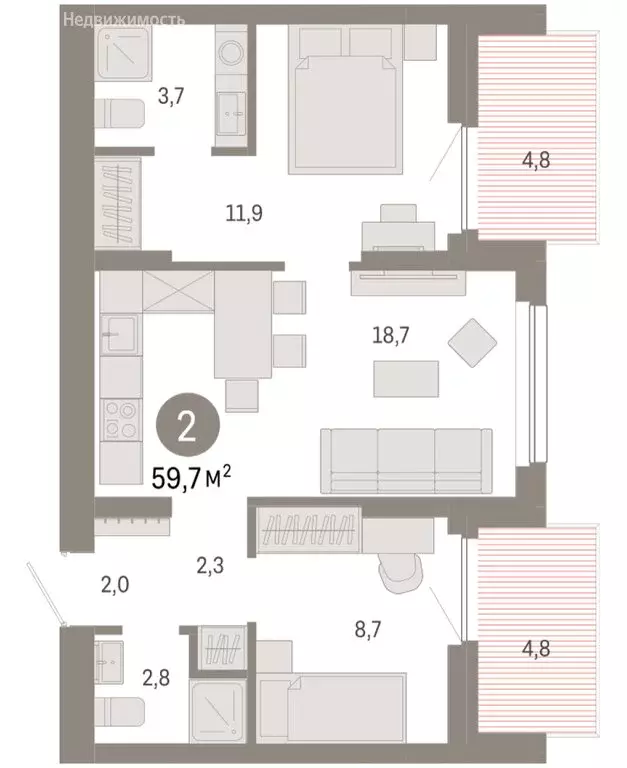 2-комнатная квартира: Новосибирск, квартал Лебедевский (59.7 м) - Фото 1