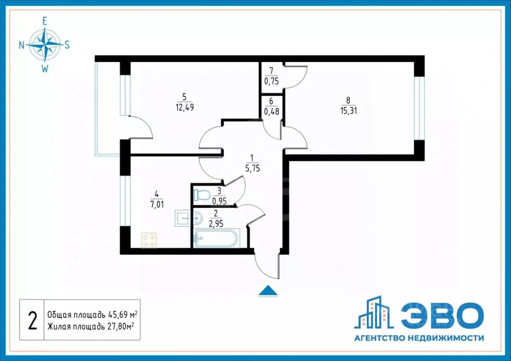 2-к кв. Санкт-Петербург ул. Ушинского, 41 (44.9 м) - Фото 2