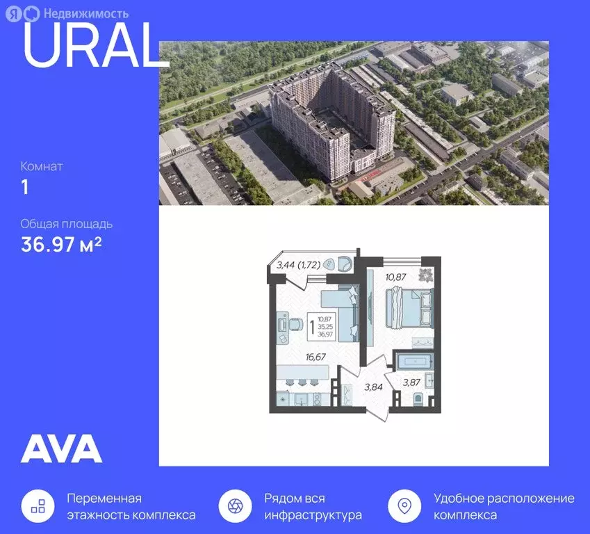 1-комнатная квартира: Краснодар, Уральская улица, 87/7 (36.97 м) - Фото 0