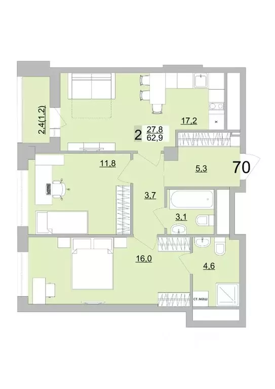 2-к кв. Свердловская область, Екатеринбург ул. Черкасская, 5к3 (62.9 ... - Фото 1