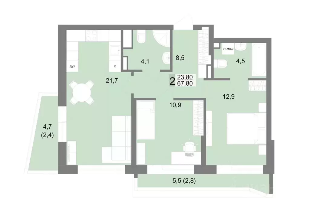 2-к кв. Свердловская область, Екатеринбург ул. Семена Лагоды, 80 (67.8 ... - Фото 1
