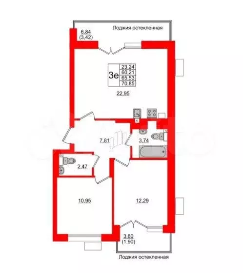 2-к. квартира, 70,9 м, 1/6 эт. - Фото 1