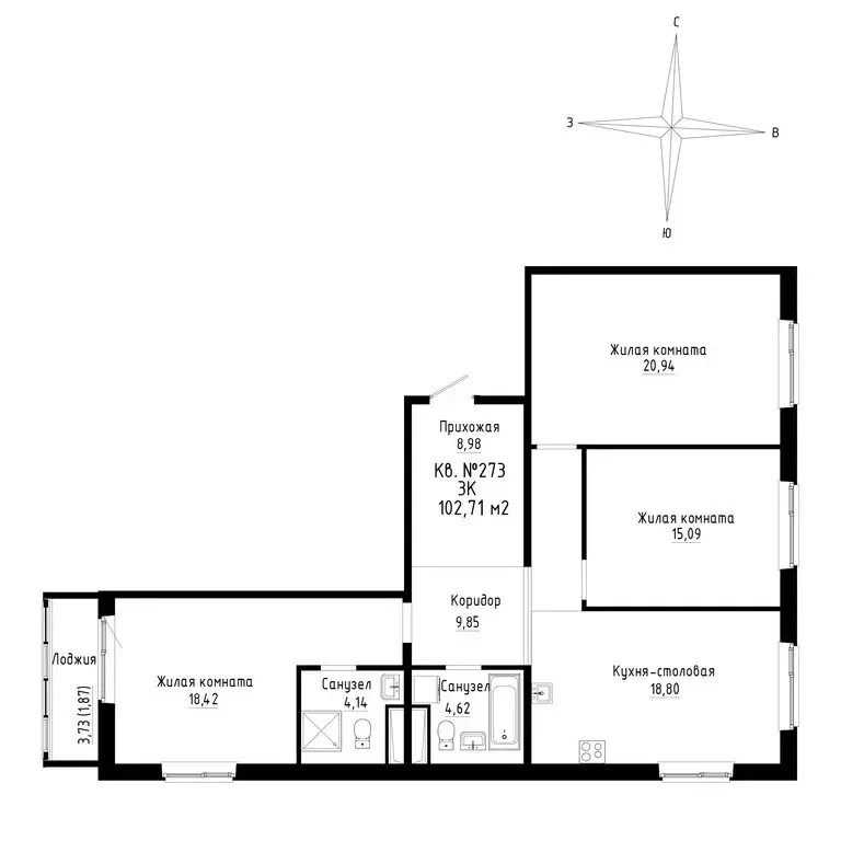 3-комнатная квартира: Новый, ЖК ДНС Сити (102.71 м) - Фото 0