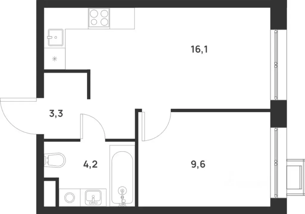 Квартира, 1 комната, 33.2 м - Фото 1